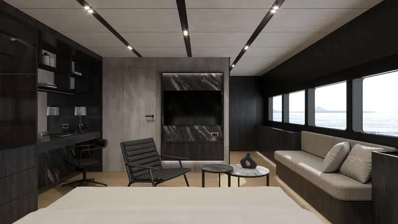 Moon Yacht 100s Yacht Photos Pics Luxurious yacht interior with modern design, featuring sleek furniture and large windows overlooking the sea.