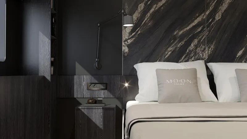 Moon Yacht 100s Yacht Photos Pics Luxurious yacht bedroom interior with modern design, featuring Moon 100 Sail 2027 model.