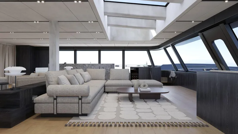 Moon Yacht 100s Yacht Photos Pics Luxurious yacht interior with modern design, featuring spacious seating and panoramic windows, Moon 100 Sail 2027.