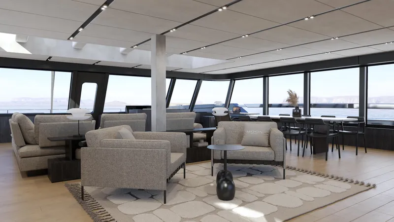 Moon Yacht 100s Yacht Photos Pics Luxurious interior of 2027 Moon 100 Sail yacht with modern seating and panoramic windows.