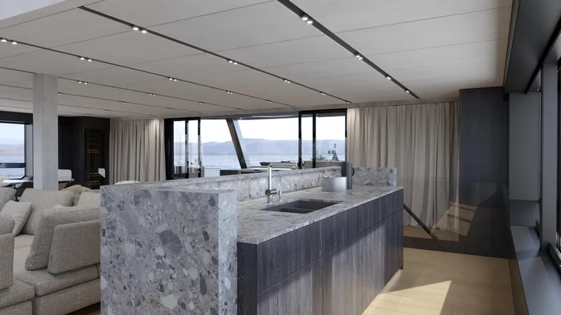 Moon Yacht 100s Yacht Photos Pics Luxurious yacht interior with modern kitchen, panoramic windows, and elegant design, Moon 100 Sail 2027.