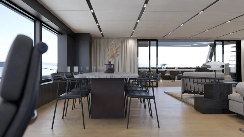 Moon Yacht 100s Yacht Photos Pics Luxurious interior of 2027 Moon 100 Sail yacht with modern dining area and panoramic windows.