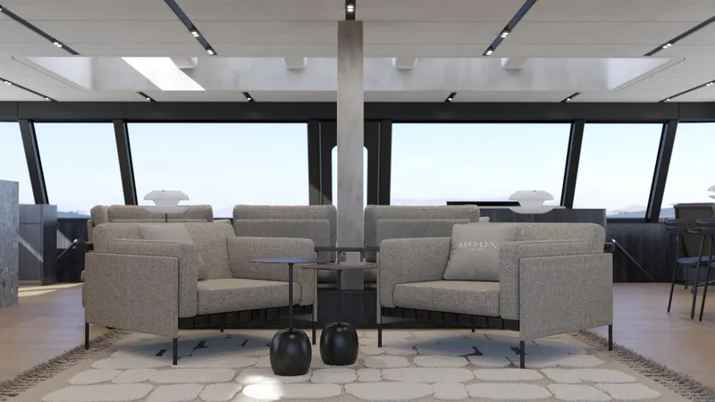 Moon Yacht 100s Yacht Photos Pics Luxurious interior of 2027 Moon 100 Sail yacht with modern seating and elegant decor.