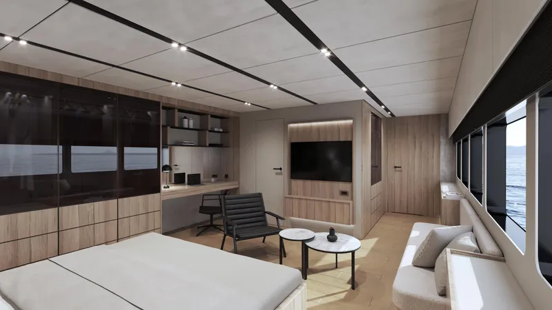 Moon Yacht 100s Yacht Photos Pics Luxurious interior of 2027 Moon 100 Sail yacht with modern furnishings and ocean view.