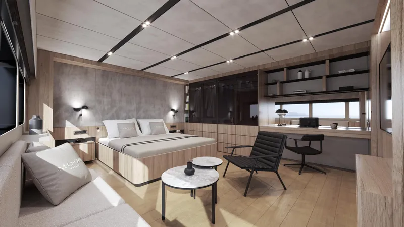 Moon Yacht 100s Yacht Photos Pics Luxurious cabin interior of Moon 100 Sail yacht, 2027 model, featuring modern design and elegant furnishings.