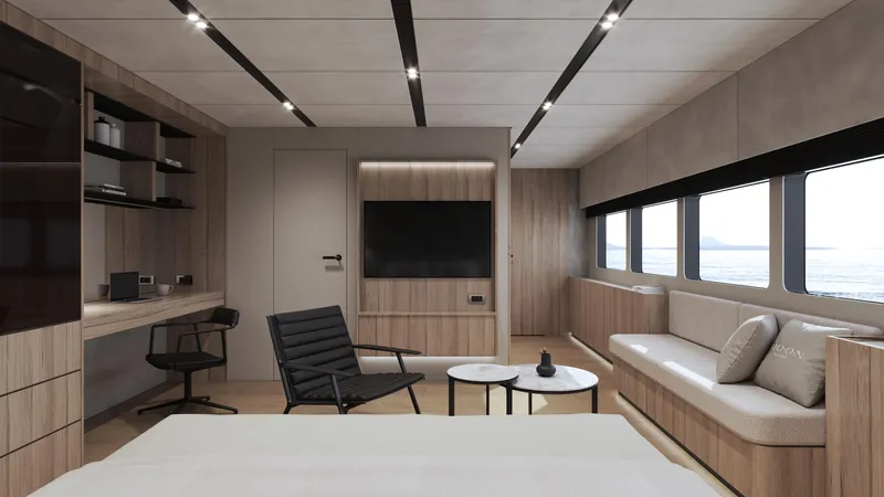 Moon Yacht 100s Yacht Photos Pics Luxurious interior of 2027 Moon 100 Sail yacht with modern furnishings and ocean view.