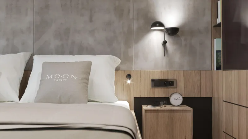 Moon Yacht 100s Yacht Photos Pics Modern yacht bedroom with elegant decor, featuring Moon 100 Sail 2027 design elements.