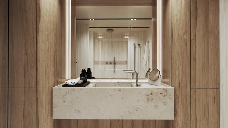 Moon Yacht 100s Yacht Photos Pics Modern bathroom with wooden accents, illuminated mirror, and sleek sink in Moon 100 Sail, 2027 model.