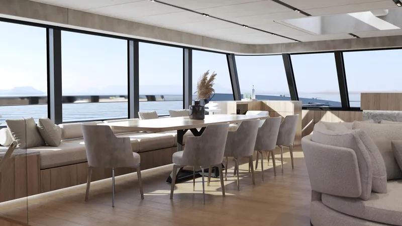 Moon Yacht 100s Yacht Photos Pics Luxurious dining area on Moon 100 Sail yacht, 2027 model, with panoramic ocean views.