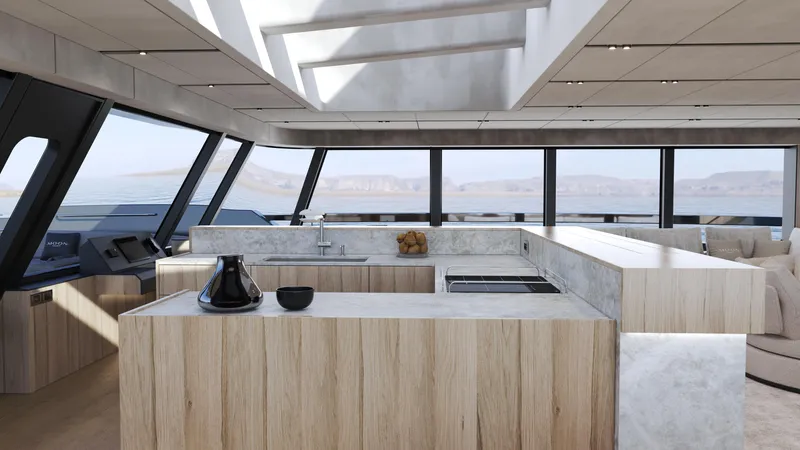 Moon Yacht 100s Yacht Photos Pics Luxurious yacht interior with modern kitchen, panoramic windows, and sleek design, Moon 100 Sail 2027.