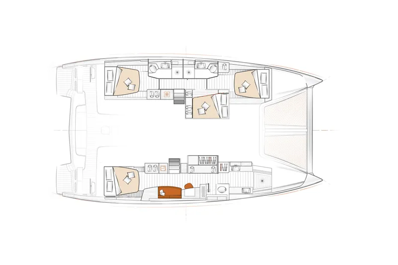  Yacht Photos Pics Floor plan of 2023 CNB EXCESS 15 catamaran, featuring spacious cabins and living areas.