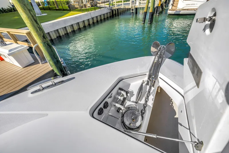 Best Deal Yacht Photos Pics 2023 HCB 53 Suenos RXV boat anchor compartment at dockside.