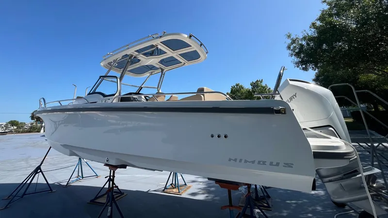 In-stock 2024 Nimbus T8 #314 Yacht Photos Pics 2024 Nimbus Tender 8 #314 boat on stands, clear sky background.