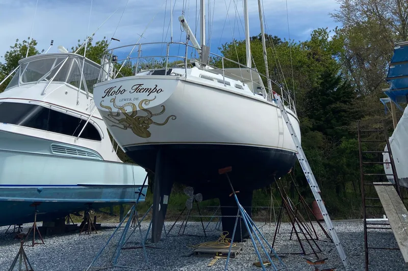 Hobo Tiempo Yacht Photos Pics 1986 Amel Mango sailboat "Hobo Tiempo" on land, with octopus design, Lewes, DE.