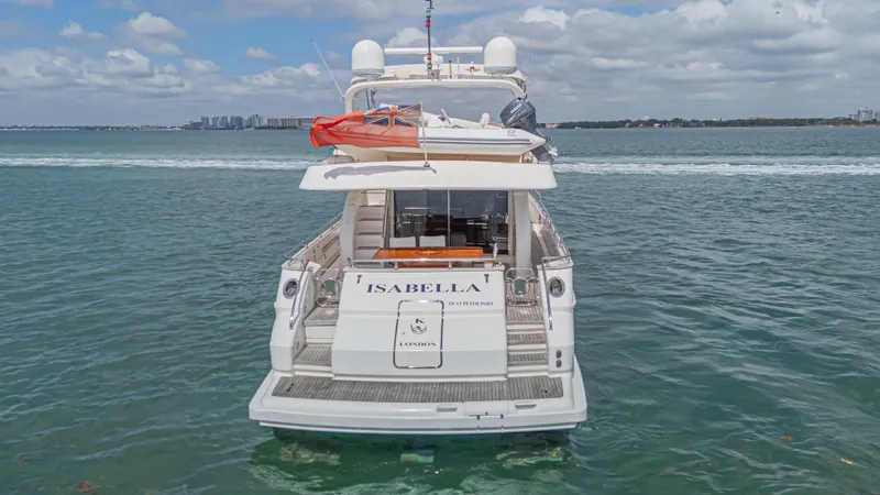 Isabella K Yacht Photos Pics Astondoa 72 GLX yacht from 2002 on open water, rear view with tender on deck.