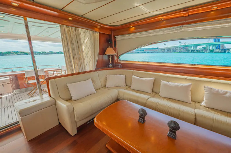 Isabella K Yacht Photos Pics Luxurious interior of 2002 Astondoa 72 GLX yacht with elegant seating and ocean view.