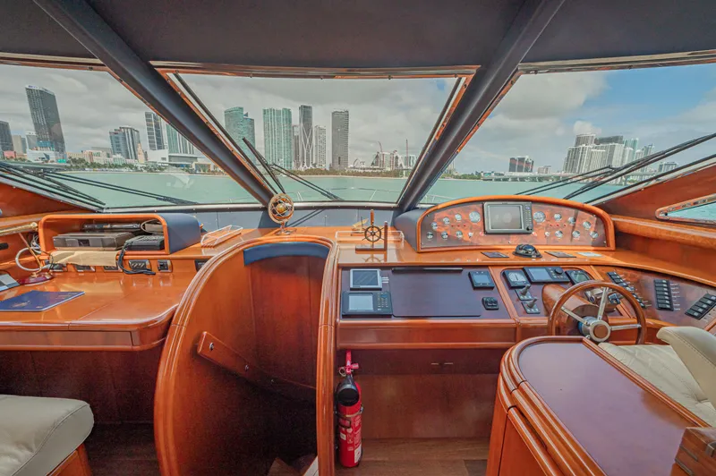 Isabella K Yacht Photos Pics Luxurious 2002 Astondoa 72 GLX yacht interior with city skyline view.