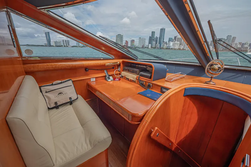 Isabella K Yacht Photos Pics Luxurious interior of 2002 Astondoa 72 GLX yacht with city skyline view.