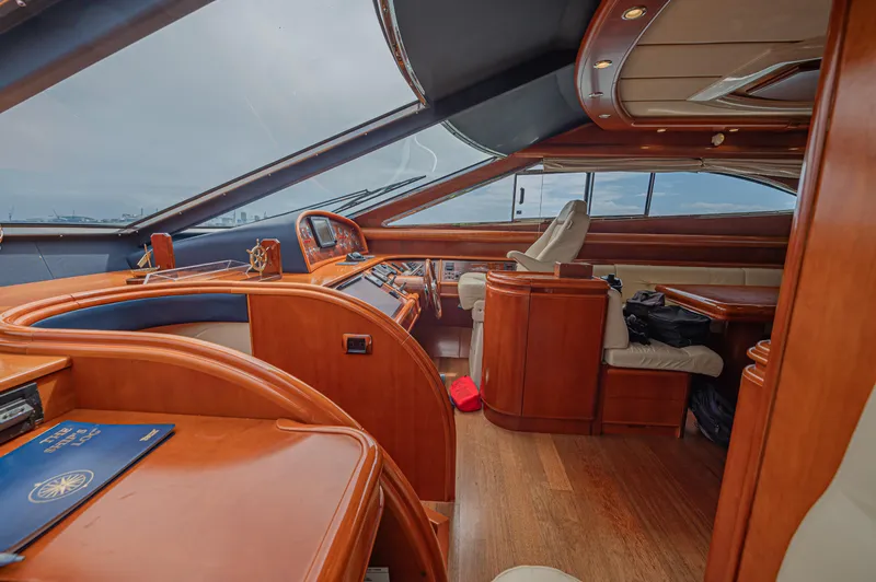 Isabella K Yacht Photos Pics Luxurious interior of a 2002 Astondoa 72 GLX yacht with wooden finishes and panoramic windows.