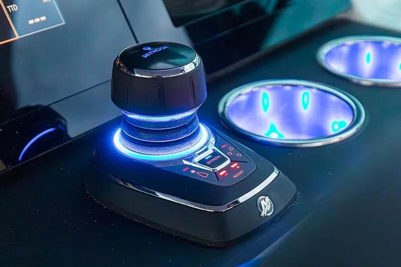  Yacht Photos Pics Joystick control panel of 2023 Saxdor 320 GTO with illuminated cup holders.