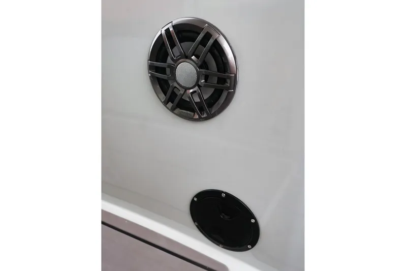  Yacht Photos Pics Close-up of 2023 Saxdor 320 GTO boat speaker and vent detail.