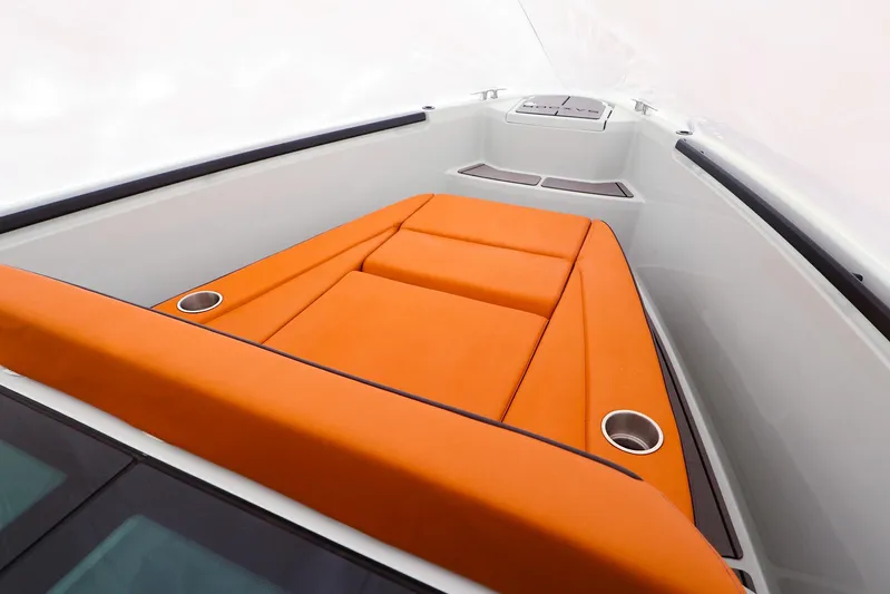  Yacht Photos Pics 2023 Saxdor 320 GTO boat with orange seating and sleek design.