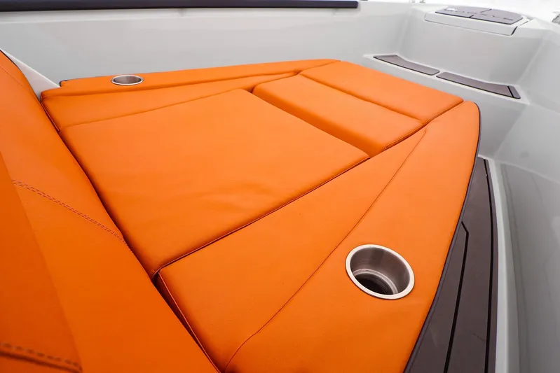  Yacht Photos Pics Orange seating on 2023 Saxdor 320 GTO boat with cup holders.