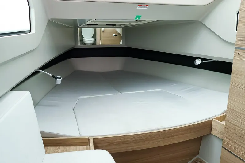  Yacht Photos Pics 2023 Saxdor 320 GTO cabin interior with bed and modern design.