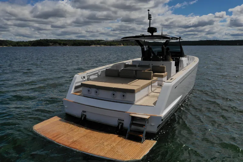  Yacht Photos Pics 2024 Pardo Yachts P43 on water, showcasing sleek design and spacious deck.