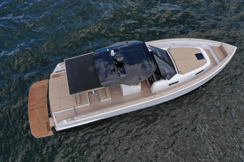  Yacht Photos Pics 2024 Pardo Yachts P43 luxury yacht on open water, aerial view.