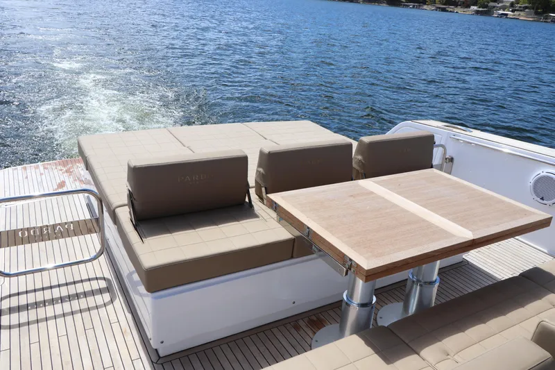  Yacht Photos Pics 2024 Pardo Yachts P43 deck with seating and table on open water.
