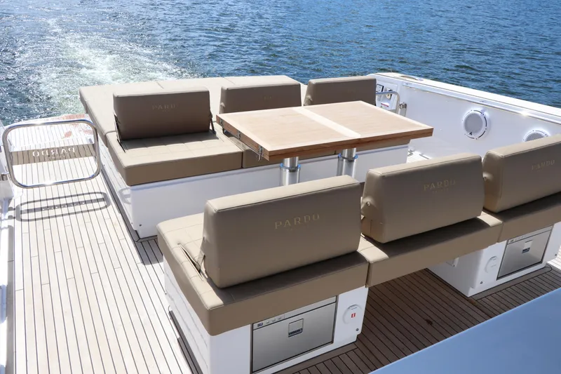  Yacht Photos Pics Luxurious seating area on 2024 Pardo Yachts P43, featuring elegant design and waterfront views.