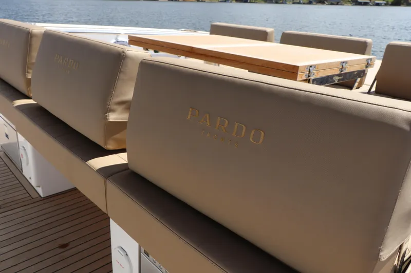  Yacht Photos Pics Pardo Yachts P43 2024 model with elegant beige seating on deck.