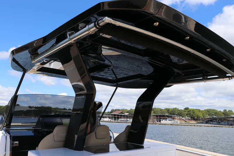 Yacht Photos Pics 2024 Pardo Yachts P43 with sleek black canopy on a sunny day.