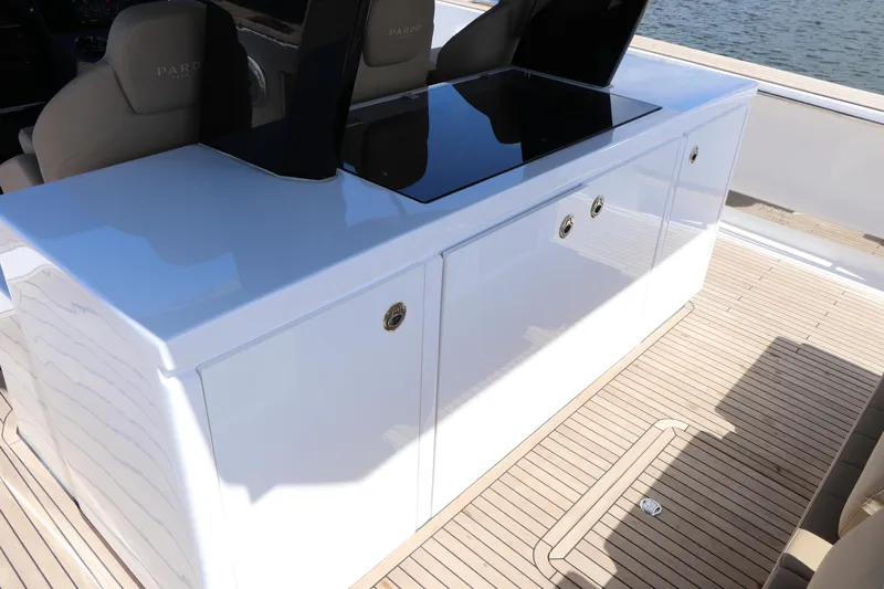  Yacht Photos Pics 2024 Pardo Yachts P43 deck with sleek white cabinetry and modern design.
