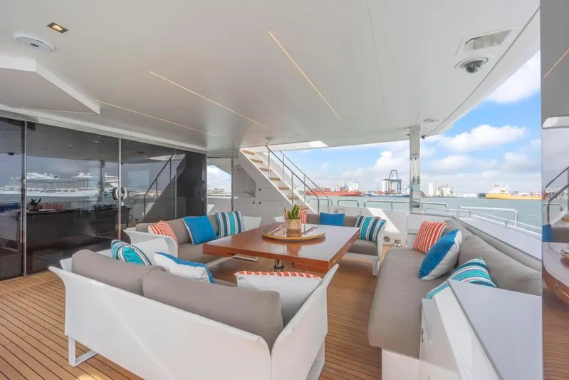 Bella Tu Yacht Photos Pics Aft Deck Sofas and Sliding Glass Doors to Salon