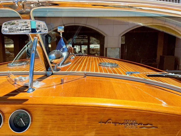 Turquoise Yacht Photos Pics 1974 Riva Aquarama Special boat with polished wood finish and chrome details.