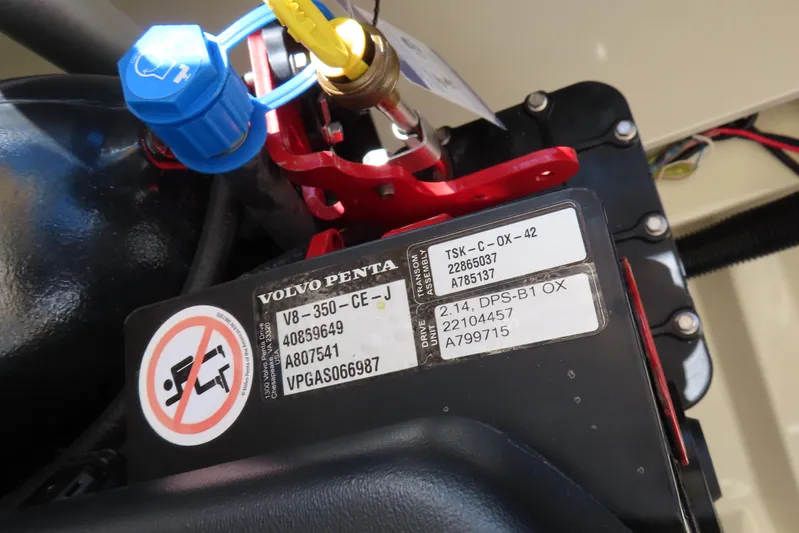  Yacht Photos Pics Volvo Penta engine label on 2018 Chris Craft Launch 34 boat, showing specifications and warnings.