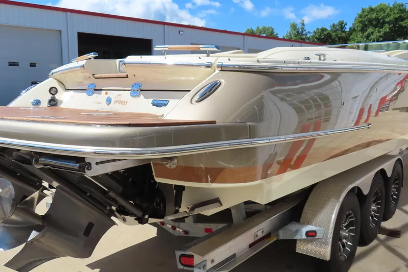  Yacht Photos Pics 2018 Chris Craft Launch 34 boat on trailer, rear view, outdoors.