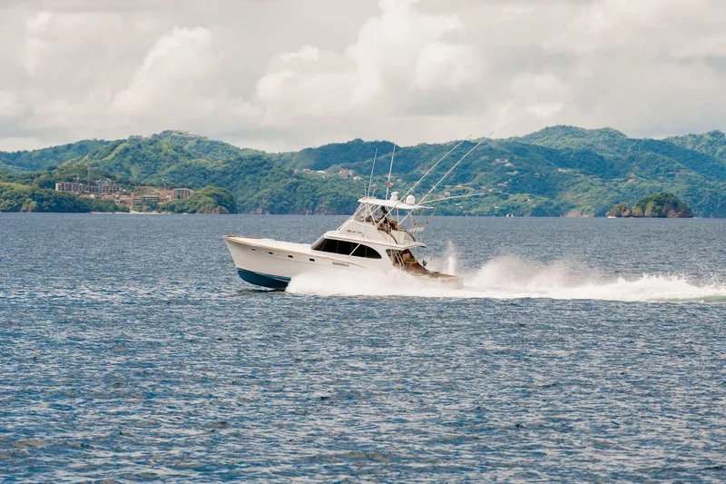 Seacario Yacht Photos Pics 2001 Custom Carolina Sportfish boat cruising on open water with scenic mountain backdrop.
