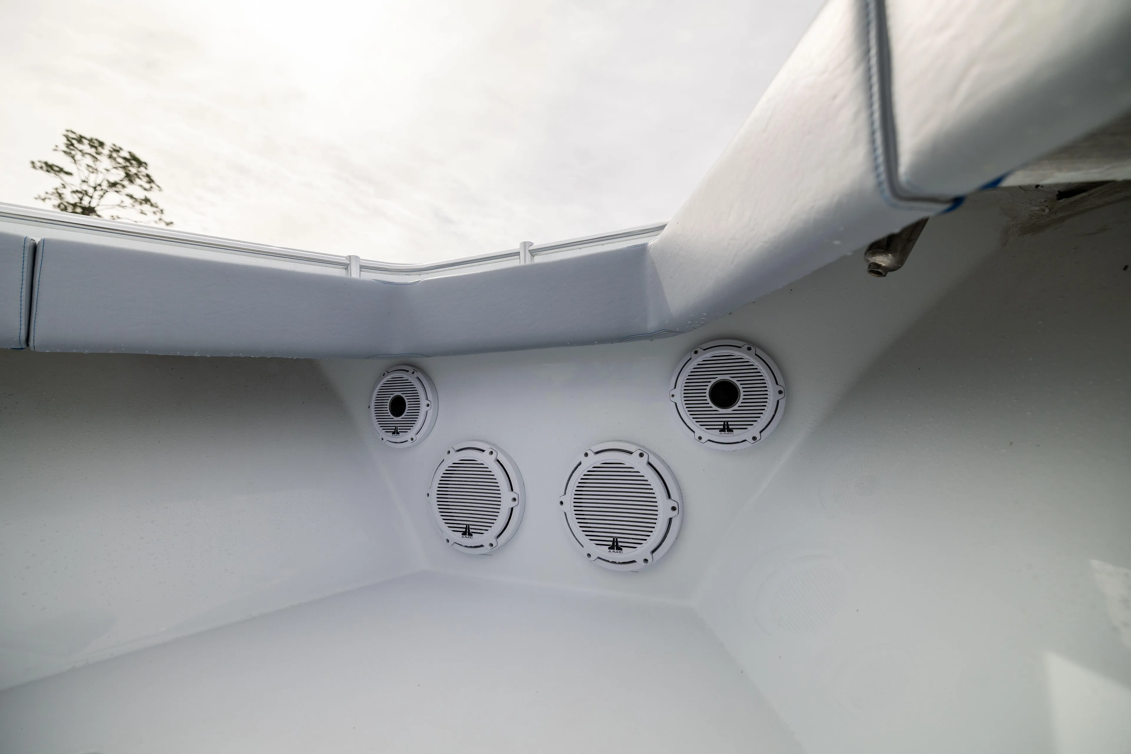  Yacht Photos Pics 2022 Contender 35 ST boat interior with multiple round speakers installed.