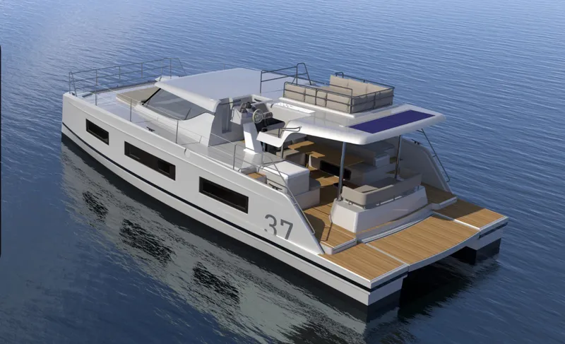  Yacht Photos Pics 2025 Aventura 37 Trawler on calm water, showcasing modern design and spacious deck.