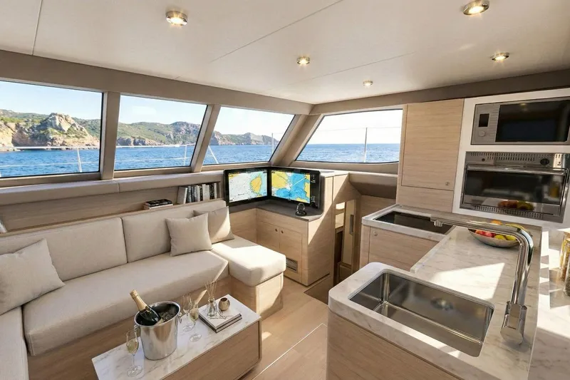  Yacht Photos Pics Luxurious interior of 2025 Aventura 37 Trawler with modern kitchen and scenic ocean view.