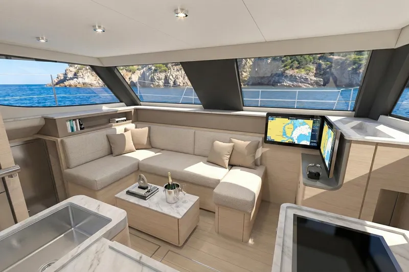  Yacht Photos Pics Luxurious interior of 2025 Aventura 37 Trawler with ocean view and modern amenities.