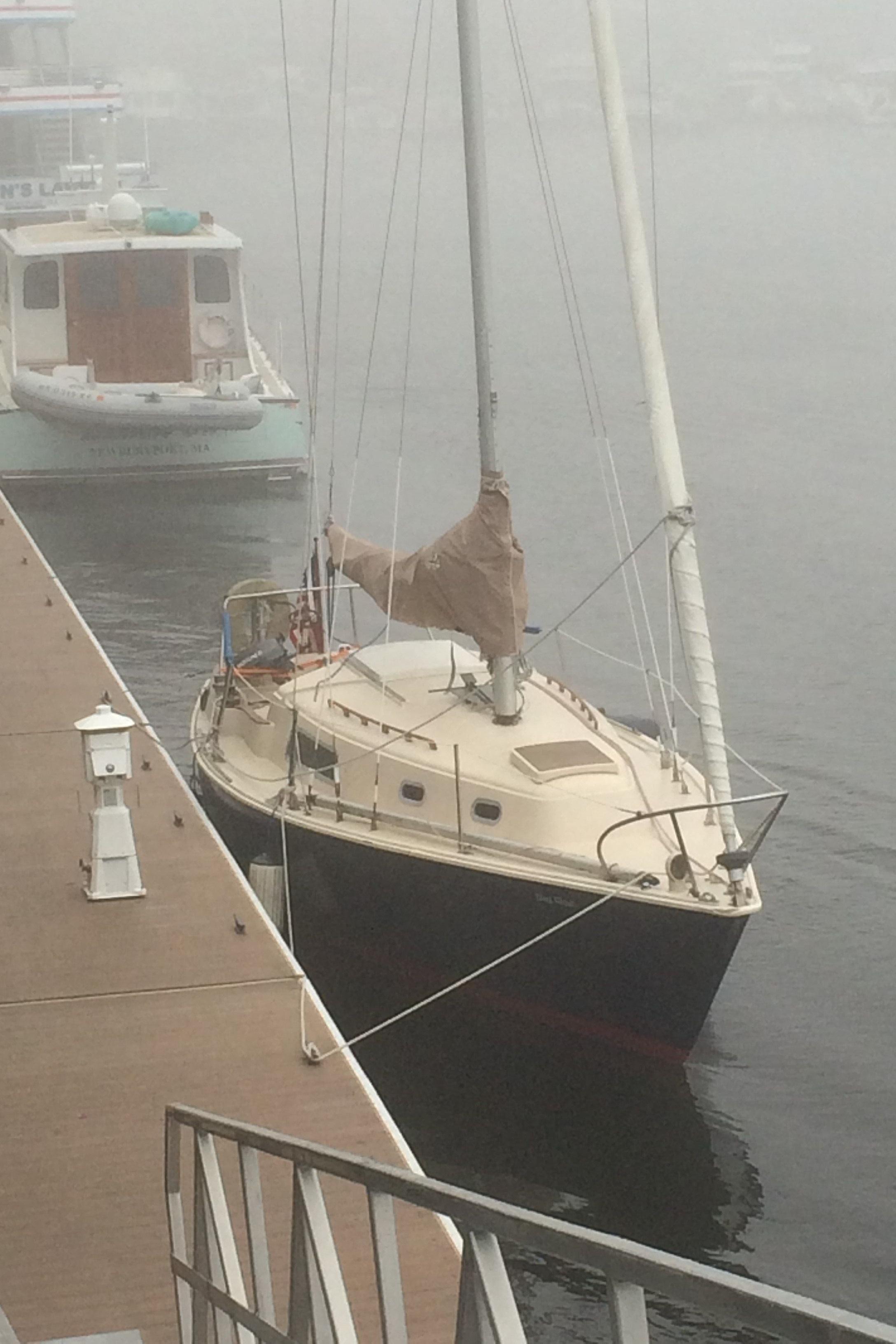 1974 Pearson 30 sailboat docked in foggy marina setting.