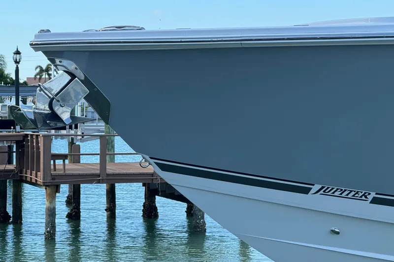 High Steaks Yacht Photos Pics 2024 Jupiter 38 HFS boat docked, showcasing sleek design and modern features.