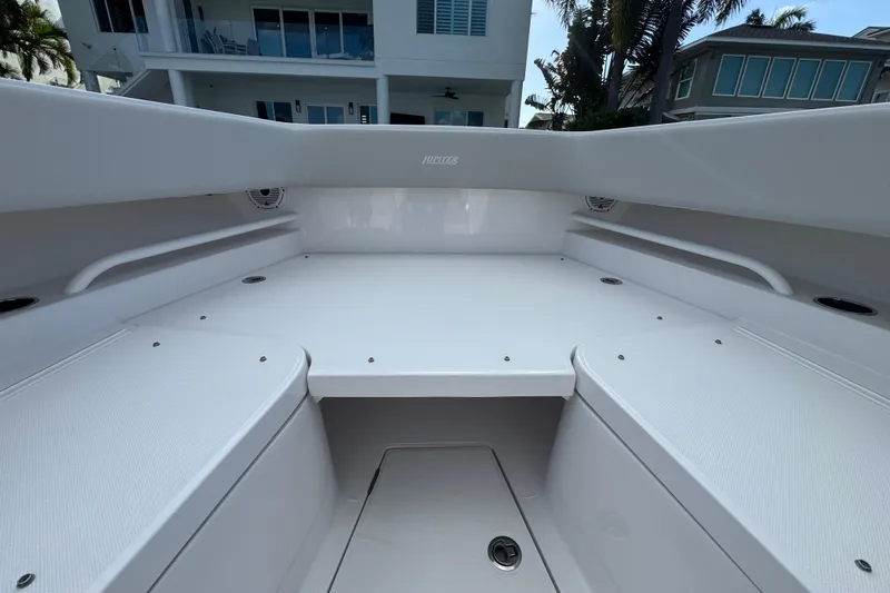High Steaks Yacht Photos Pics 2024 Jupiter 38 HFS boat interior, spacious seating area with modern design.