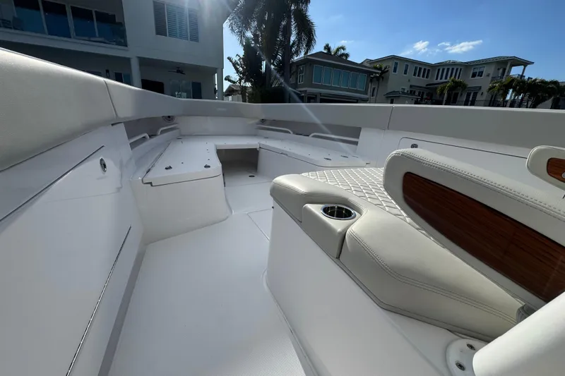 High Steaks Yacht Photos Pics 2024 Jupiter 38 HFS boat interior with luxurious seating and modern design.
