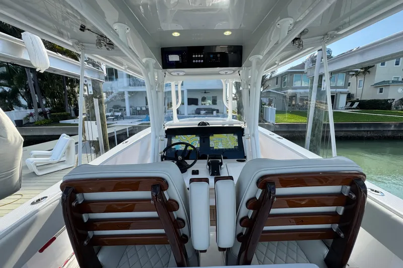 High Steaks Yacht Photos Pics 2024 Jupiter 38 HFS boat interior with modern helm and navigation system.