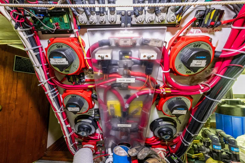 Single Star Yacht Photos Pics Electrical panel of a 1978 Hidden Harbor Custom Trawler with switches and wiring.
